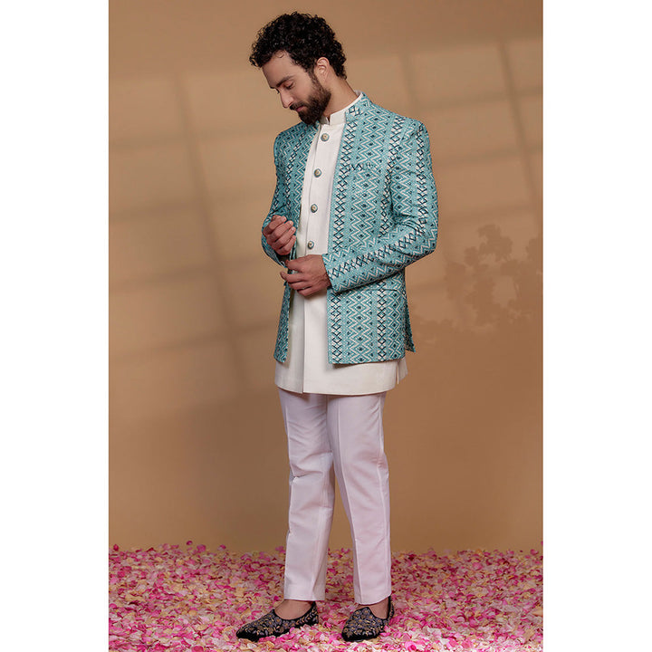 RIYAASAT Turquoise Blue Silk & Imported Suiting Fabric Kurta with Pant and Jacket (Set of 3)