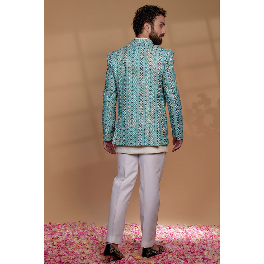 RIYAASAT Turquoise Blue Silk & Imported Suiting Fabric Kurta with Pant and Jacket (Set of 3)