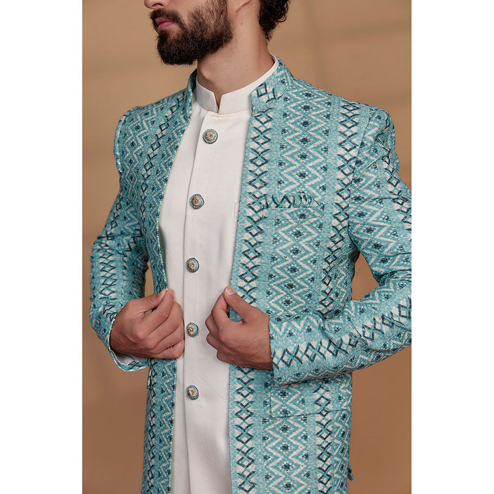 RIYAASAT Turquoise Blue Silk & Imported Suiting Fabric Kurta with Pant and Jacket (Set of 3)