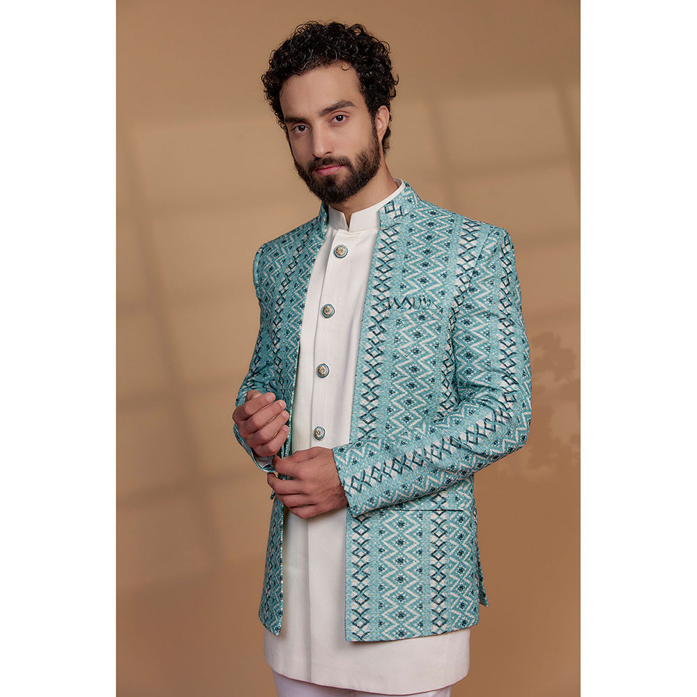 RIYAASAT Turquoise Blue Silk & Imported Suiting Fabric Kurta with Pant and Jacket (Set of 3)