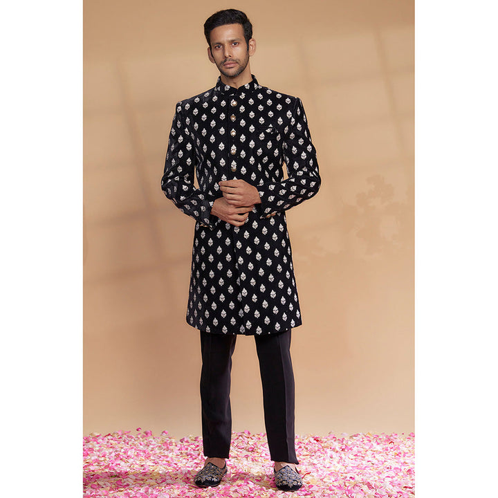 RIYAASAT Black Velvet Thread Embellished Sherwani with Pant (Set of 2)