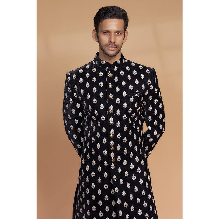 RIYAASAT Black Velvet Thread Embellished Sherwani with Pant (Set of 2)