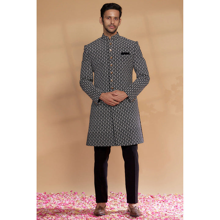 RIYAASAT Black Velvet Embroidered Sherwani with Pant (Set of 2)