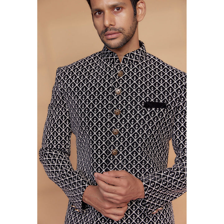 RIYAASAT Black Velvet Embroidered Sherwani with Pant (Set of 2)