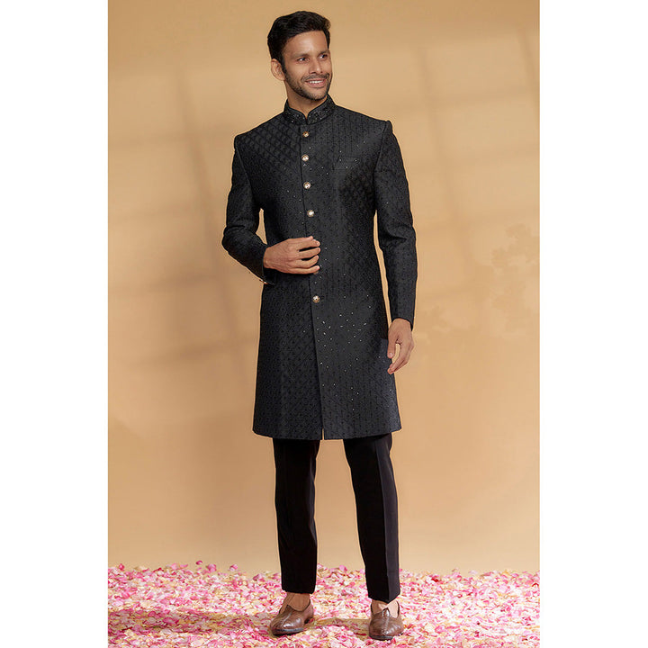 RIYAASAT Black Raw Silk Sherwani with Pant (Set of 2)