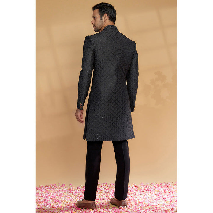 RIYAASAT Black Raw Silk Sherwani with Pant (Set of 2)