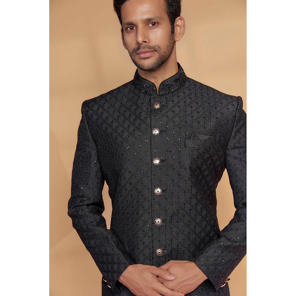 RIYAASAT Black Raw Silk Sherwani with Pant (Set of 2)