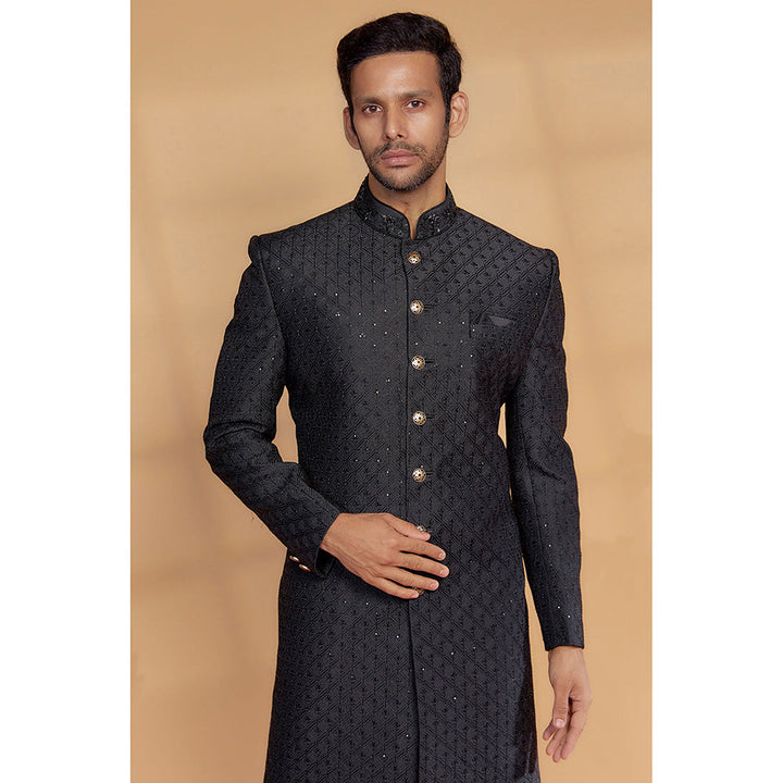 RIYAASAT Black Raw Silk Sherwani with Pant (Set of 2)