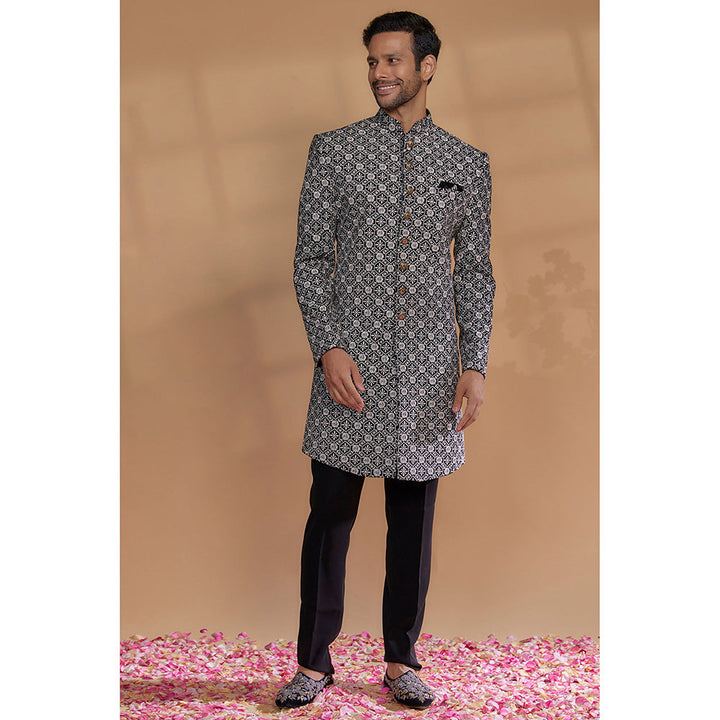 RIYAASAT Black Raw Silk Thread Embroidered Sherwani with Pant (Set of 2)