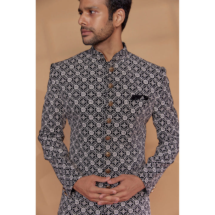 RIYAASAT Black Raw Silk Thread Embroidered Sherwani with Pant (Set of 2)