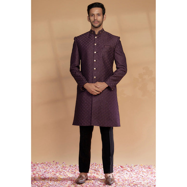 RIYAASAT Wine Raw Silk Sherwani with Pant (Set of 2)