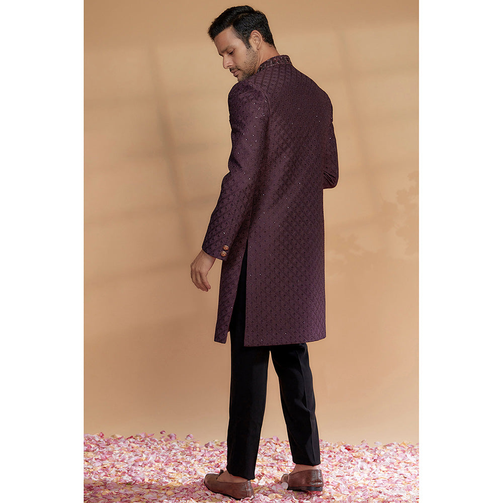 RIYAASAT Wine Raw Silk Sherwani with Pant (Set of 2)