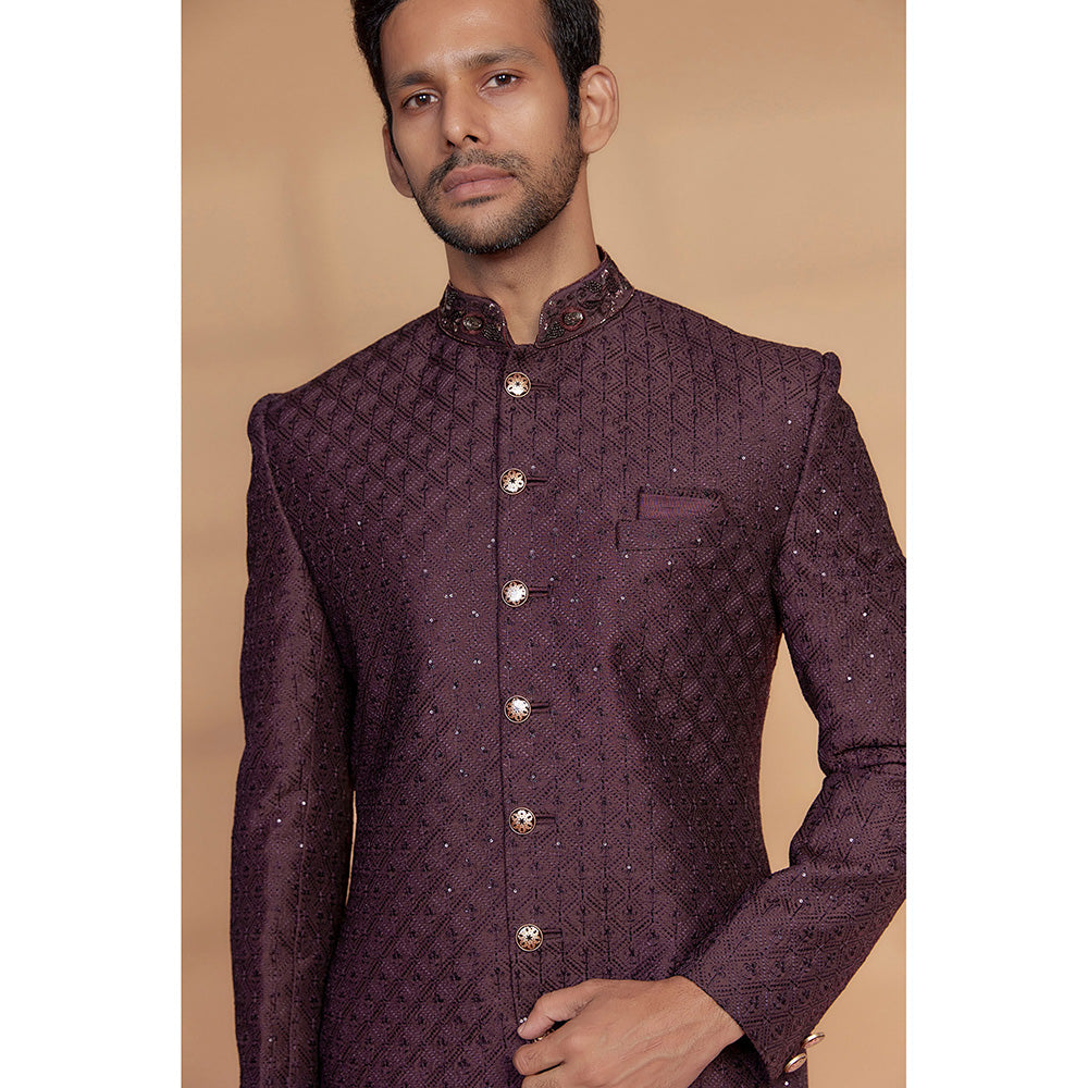 RIYAASAT Wine Raw Silk Sherwani with Pant (Set of 2)