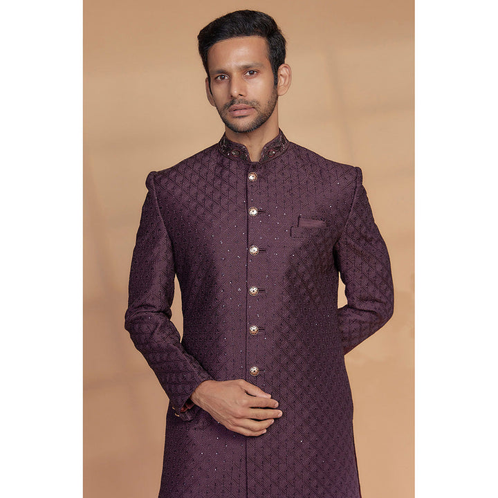 RIYAASAT Wine Raw Silk Sherwani with Pant (Set of 2)