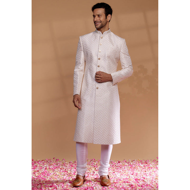 RIYAASAT Ivory Raw Silk Sherwani with Churidar (Set of 2)