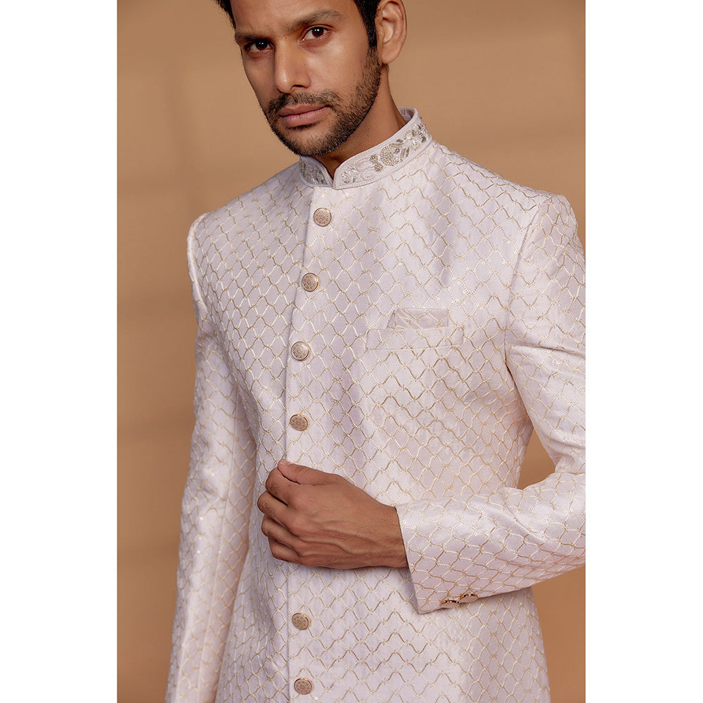 RIYAASAT Ivory Raw Silk Sherwani with Churidar (Set of 2)