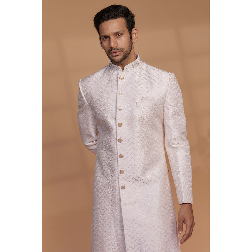 RIYAASAT Ivory Raw Silk Sherwani with Churidar (Set of 2)