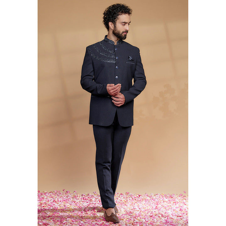 RIYAASAT Navy Blue Japanese Suiting Fabric Bandhgala with Pant (Set of 2)