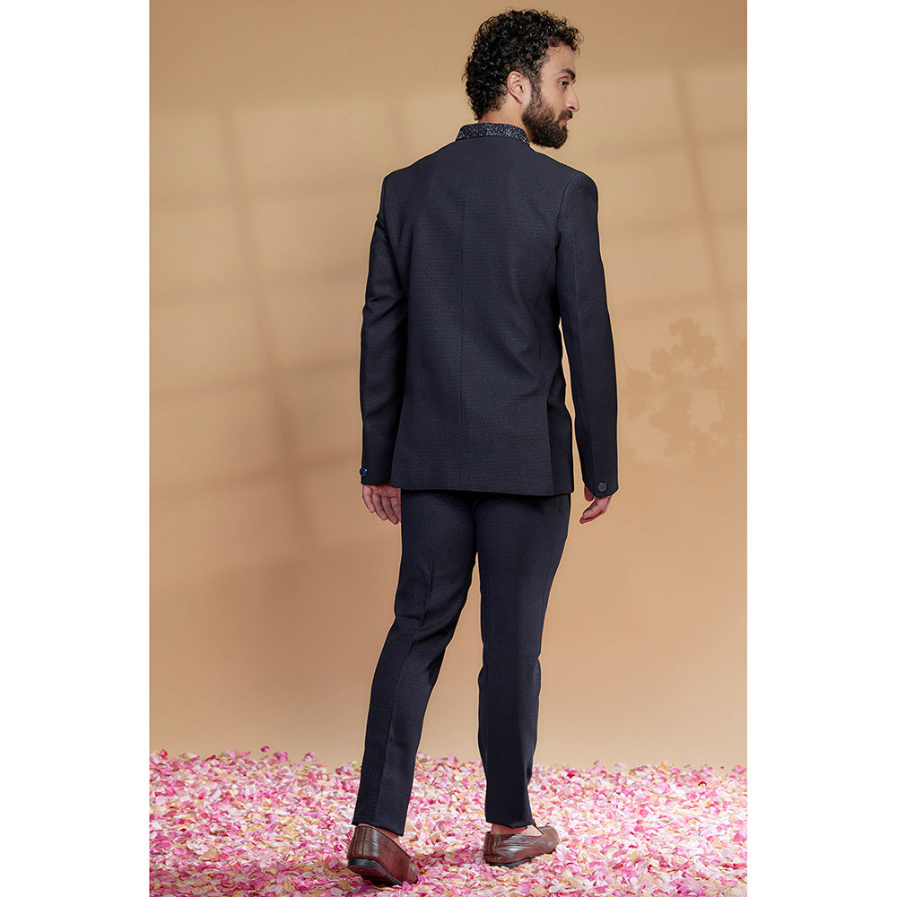 RIYAASAT Navy Blue Japanese Suiting Fabric Bandhgala with Pant (Set of 2)