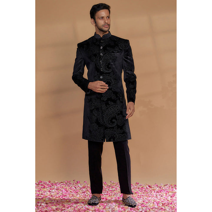 RIYAASAT Black Imported Velvet Sherwani with Pant (Set of 2)