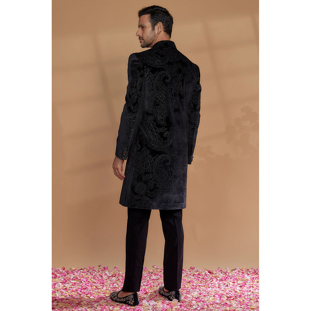 RIYAASAT Black Imported Velvet Sherwani with Pant (Set of 2)