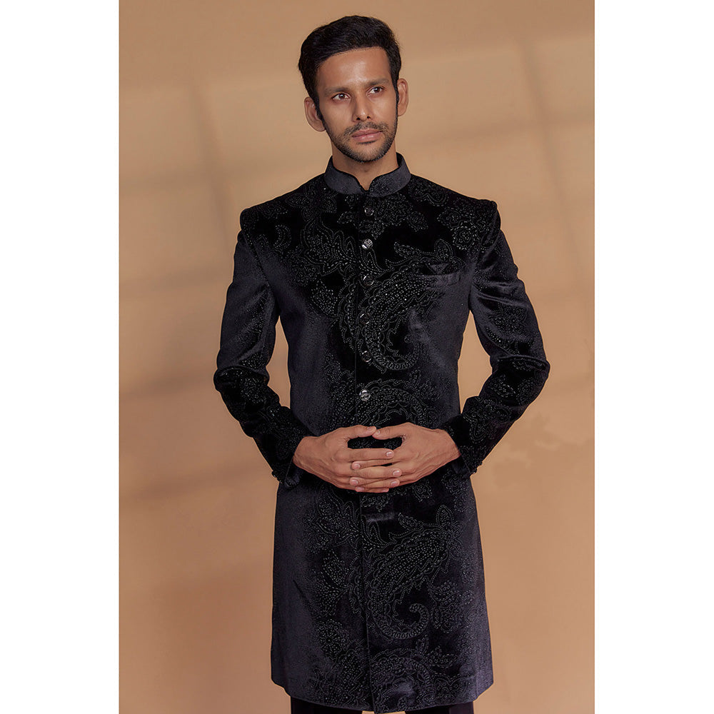 RIYAASAT Black Imported Velvet Sherwani with Pant (Set of 2)