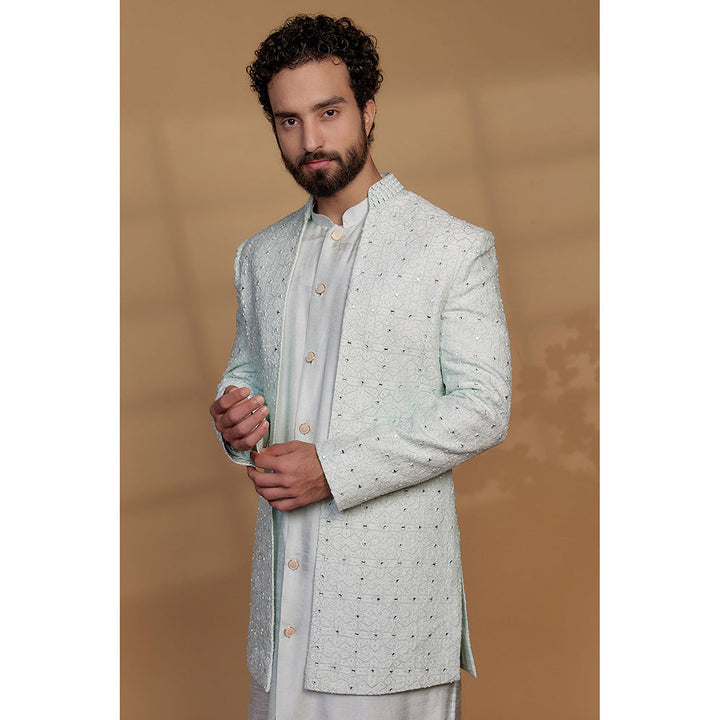 RIYAASAT Powder Green Raw Silk Mirror Embroidered Kurta with Jacket and Pant (Set of 3)