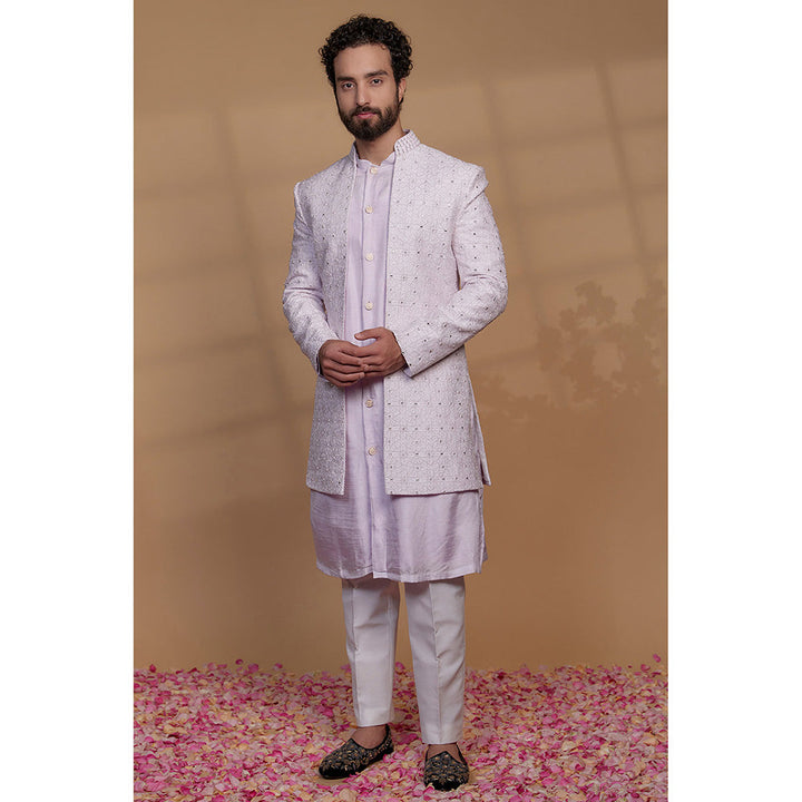 RIYAASAT Purple Raw Silk Mirror Embroidered Kurta with Jacket and Pant (Set of 3)