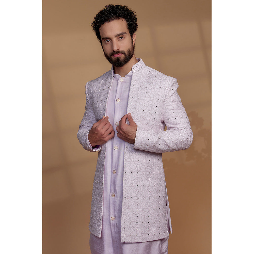 RIYAASAT Purple Raw Silk Mirror Embroidered Kurta with Jacket and Pant (Set of 3)