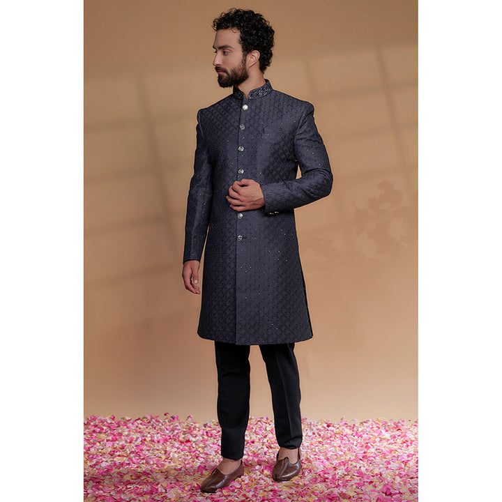 RIYAASAT Navy Blue Raw Silk Hand Embroidered Sherwani with Pant (Set of 2)