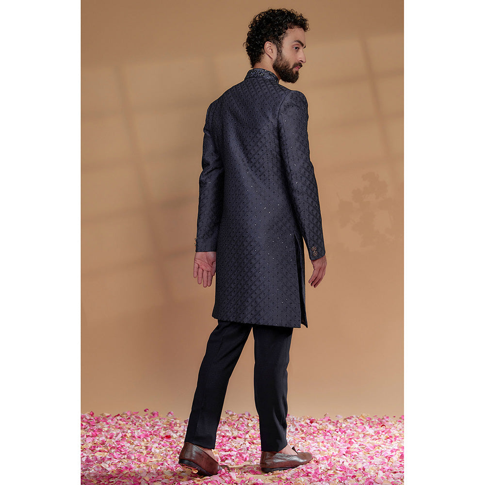 RIYAASAT Navy Blue Raw Silk Hand Embroidered Sherwani with Pant (Set of 2)