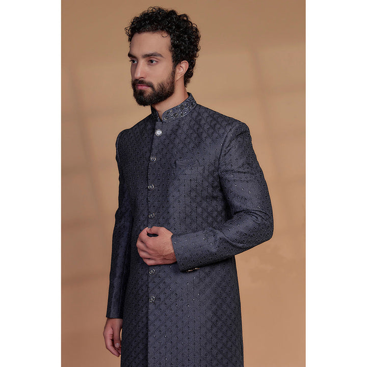 RIYAASAT Navy Blue Raw Silk Hand Embroidered Sherwani with Pant (Set of 2)