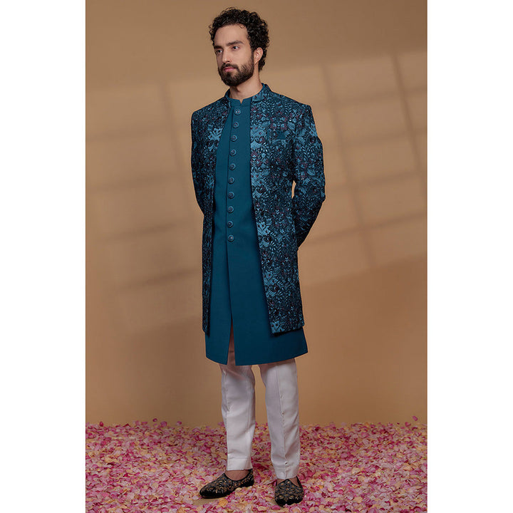 RIYAASAT Turkish Blue Silk Thread Embroidered Sherwani with Pant and Jacket (Set of 3)