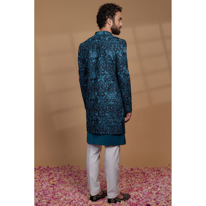 RIYAASAT Turkish Blue Silk Thread Embroidered Sherwani with Pant and Jacket (Set of 3)