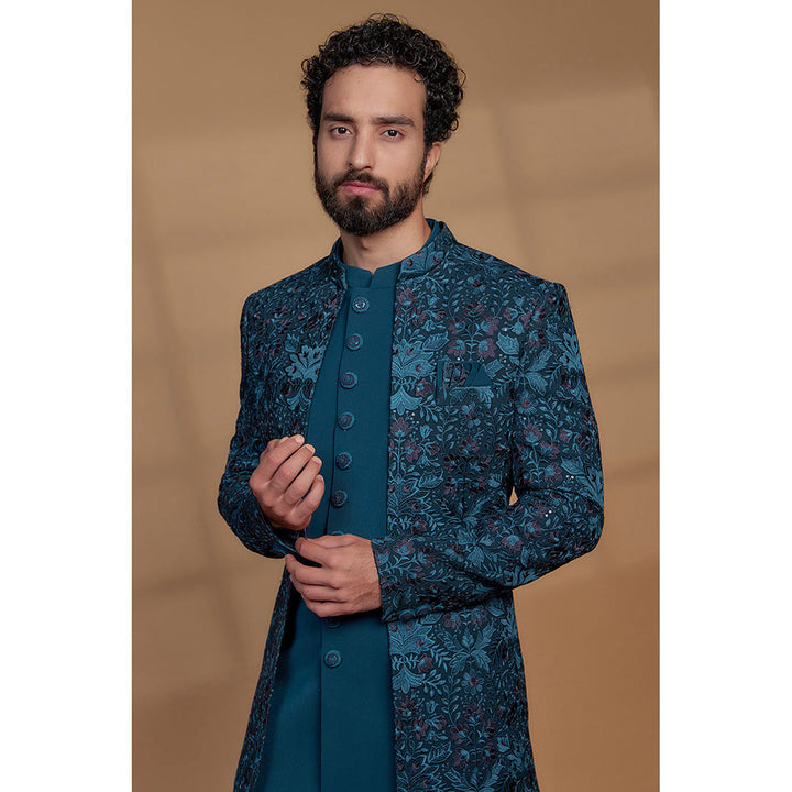 RIYAASAT Turkish Blue Silk Thread Embroidered Sherwani with Pant and Jacket (Set of 3)