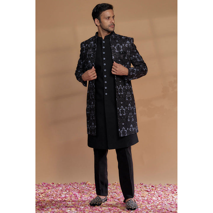 RIYAASAT Black Silk Embroidered Sherwani with Pant and Jacket (Set of 3)