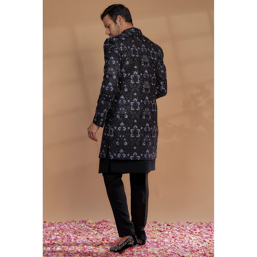 RIYAASAT Black Silk Embroidered Sherwani with Pant and Jacket (Set of 3)