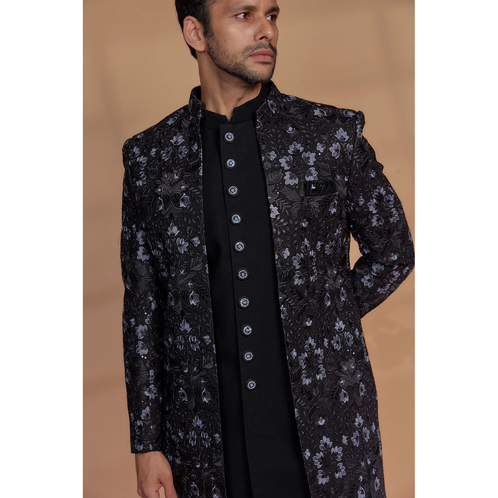 RIYAASAT Black Silk Embroidered Sherwani with Pant and Jacket (Set of 3)