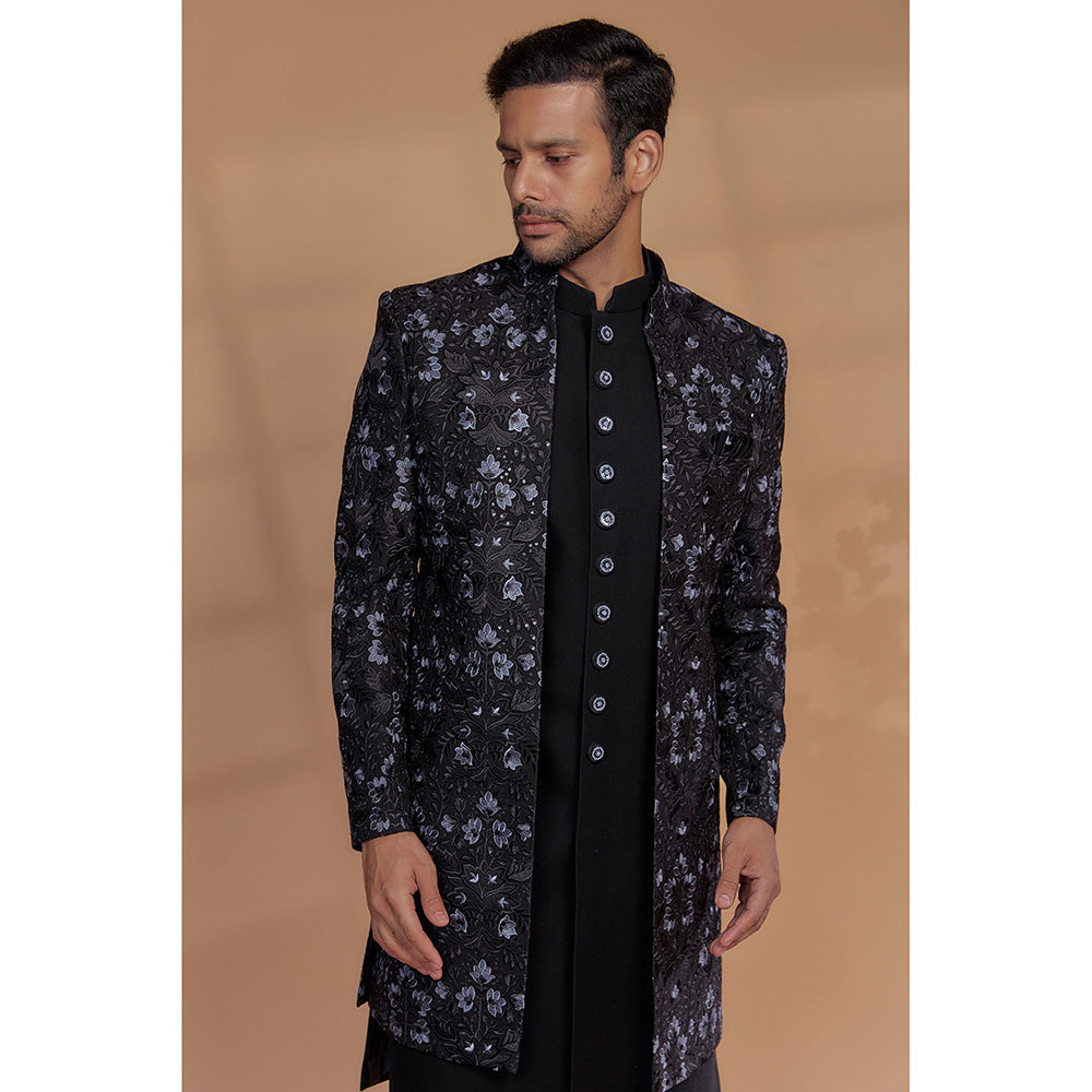 RIYAASAT Black Silk Embroidered Sherwani with Pant and Jacket (Set of 3)