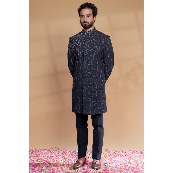 RIYAASAT Midnight Blue Fabric Sequins Embroidered Sherwani with Pant (Set of 2)