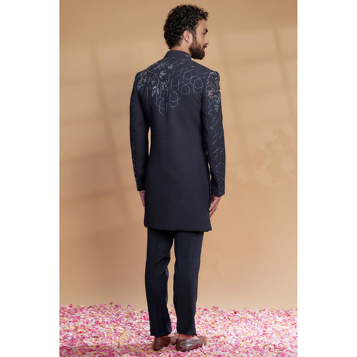 RIYAASAT Midnight Blue Fabric Sequins Embroidered Sherwani with Pant (Set of 2)