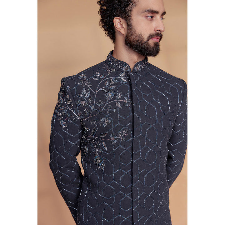 RIYAASAT Midnight Blue Fabric Sequins Embroidered Sherwani with Pant (Set of 2)