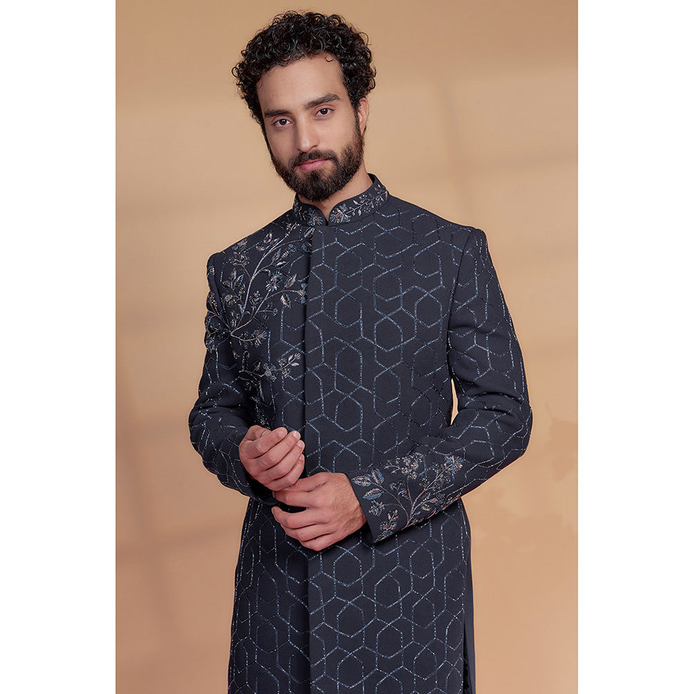 RIYAASAT Midnight Blue Fabric Sequins Embroidered Sherwani with Pant (Set of 2)