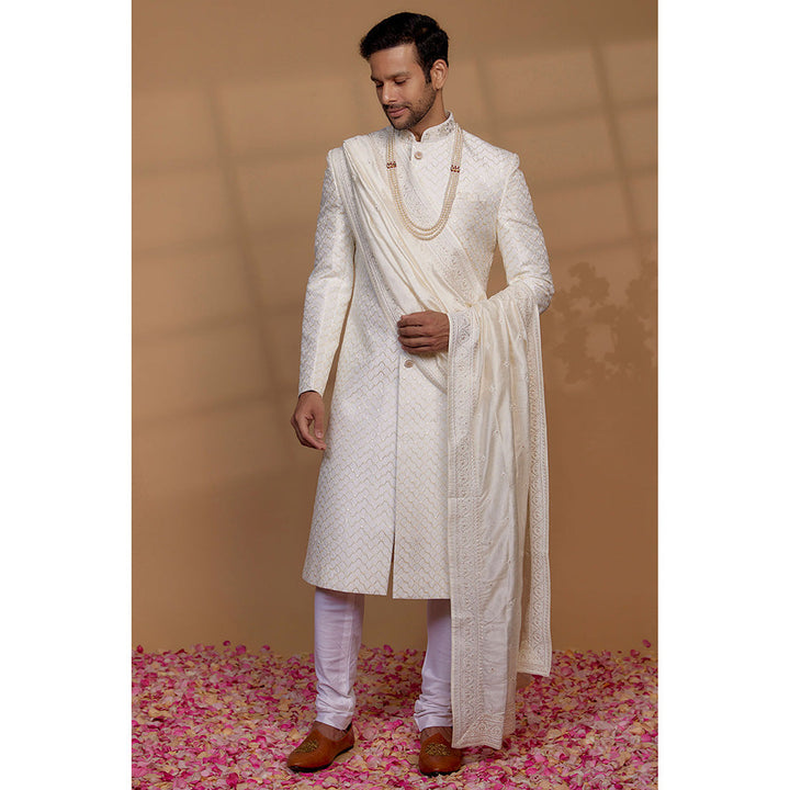 RIYAASAT White Raw Silk Sequin Embellished Sherwani with Churidar and Shawl (Set of 3)