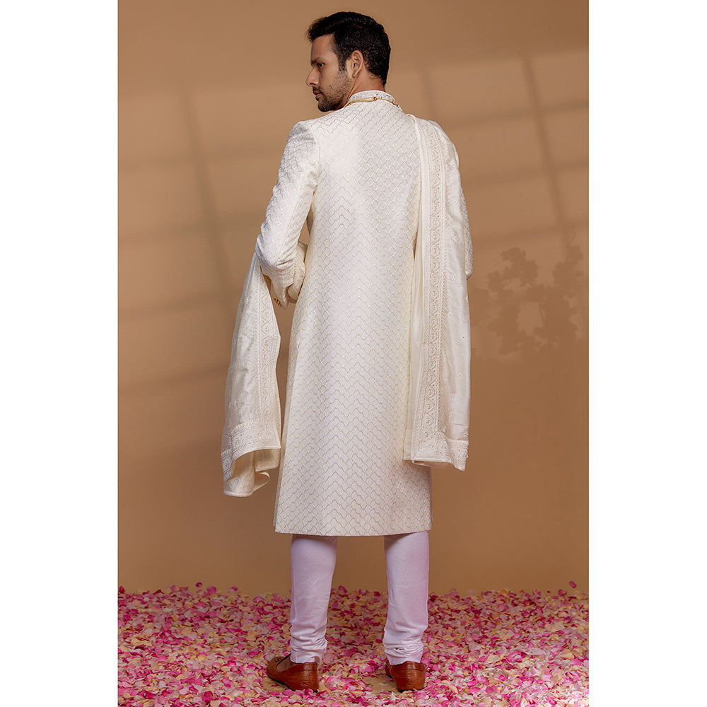 RIYAASAT White Raw Silk Sequin Embellished Sherwani with Churidar and Shawl (Set of 3)