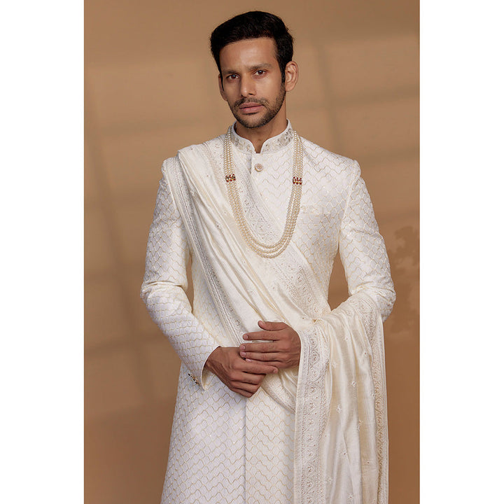 RIYAASAT White Raw Silk Sequin Embellished Sherwani with Churidar and Shawl (Set of 3)