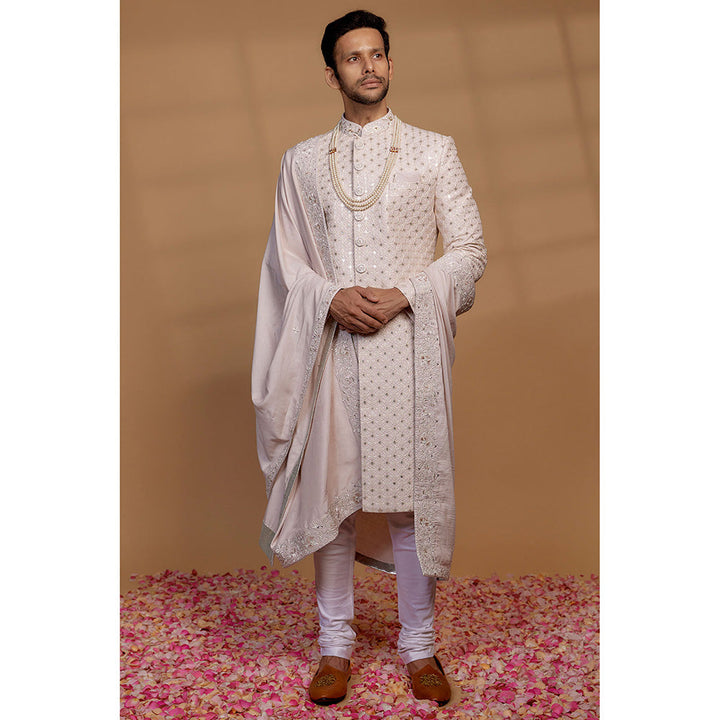 RIYAASAT Cream Raw Silk Sequin Embellished Sherwani with Churidar and Shawl (Set of 3)