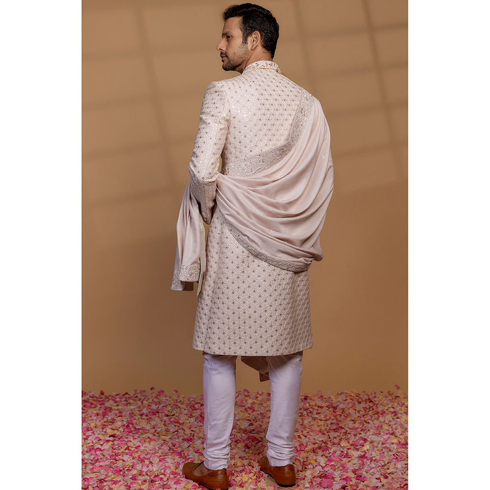 RIYAASAT Cream Raw Silk Sequin Embellished Sherwani with Churidar and Shawl (Set of 3)