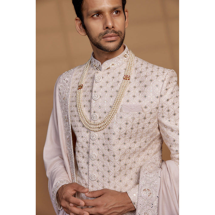 RIYAASAT Cream Raw Silk Sequin Embellished Sherwani with Churidar and Shawl (Set of 3)