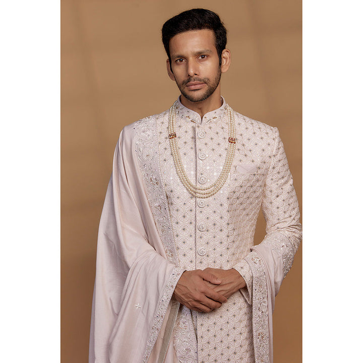 RIYAASAT Cream Raw Silk Sequin Embellished Sherwani with Churidar and Shawl (Set of 3)